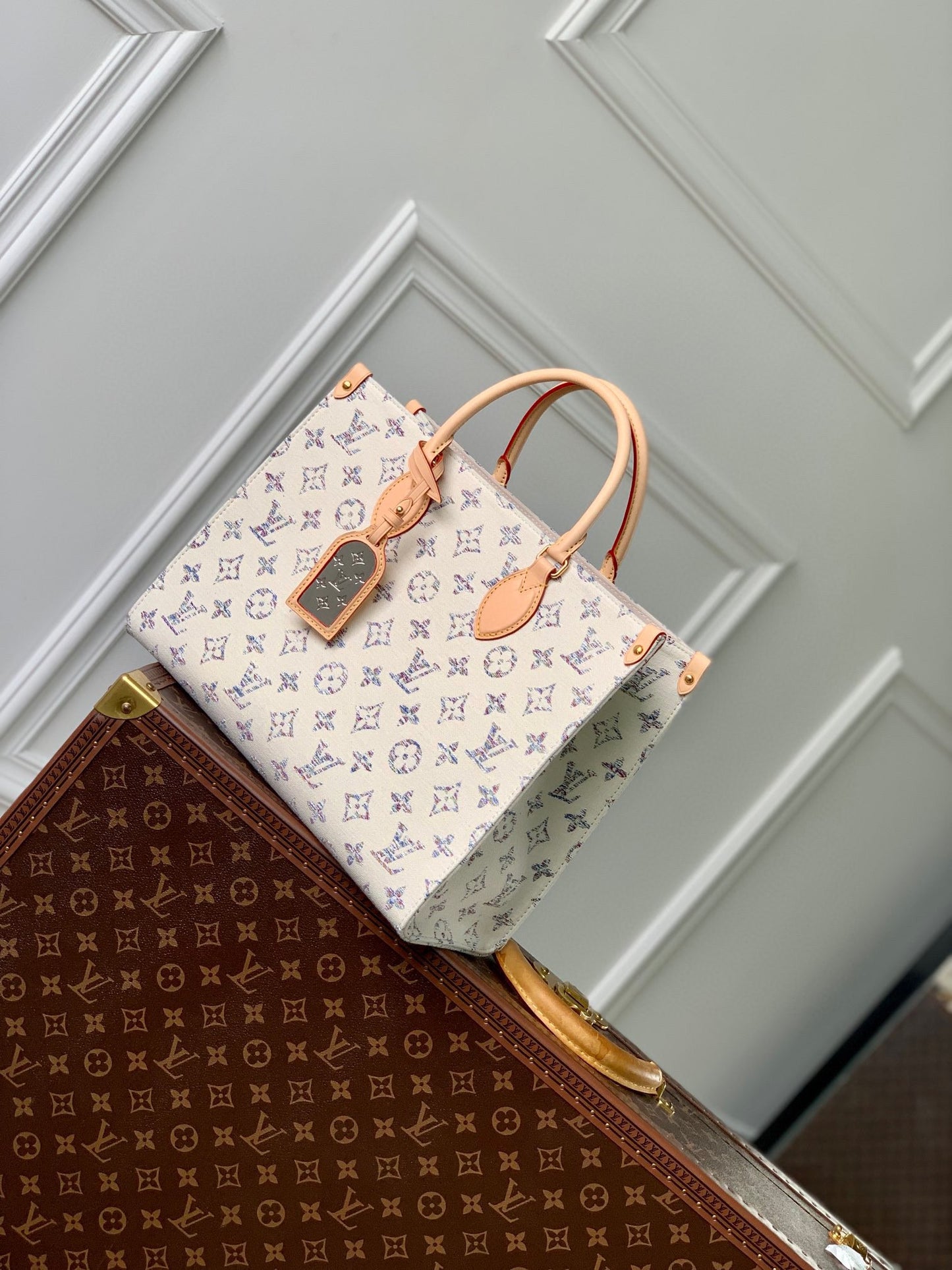Louis Vuitton White Monogram Canvas Tote Bag with Beige Leather Handles