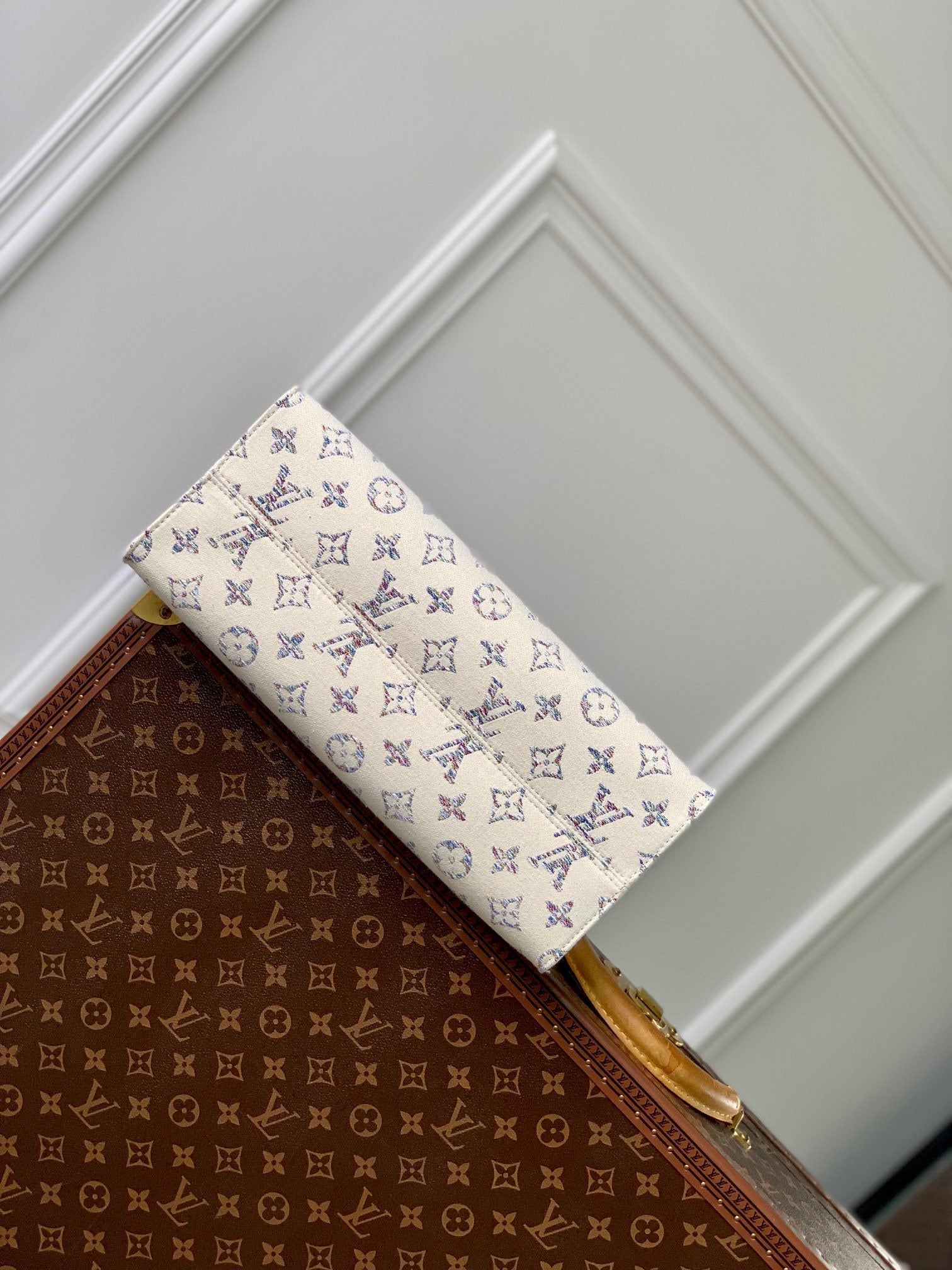 Louis Vuitton White Monogram Canvas Tote Bag with Beige Leather Handles
