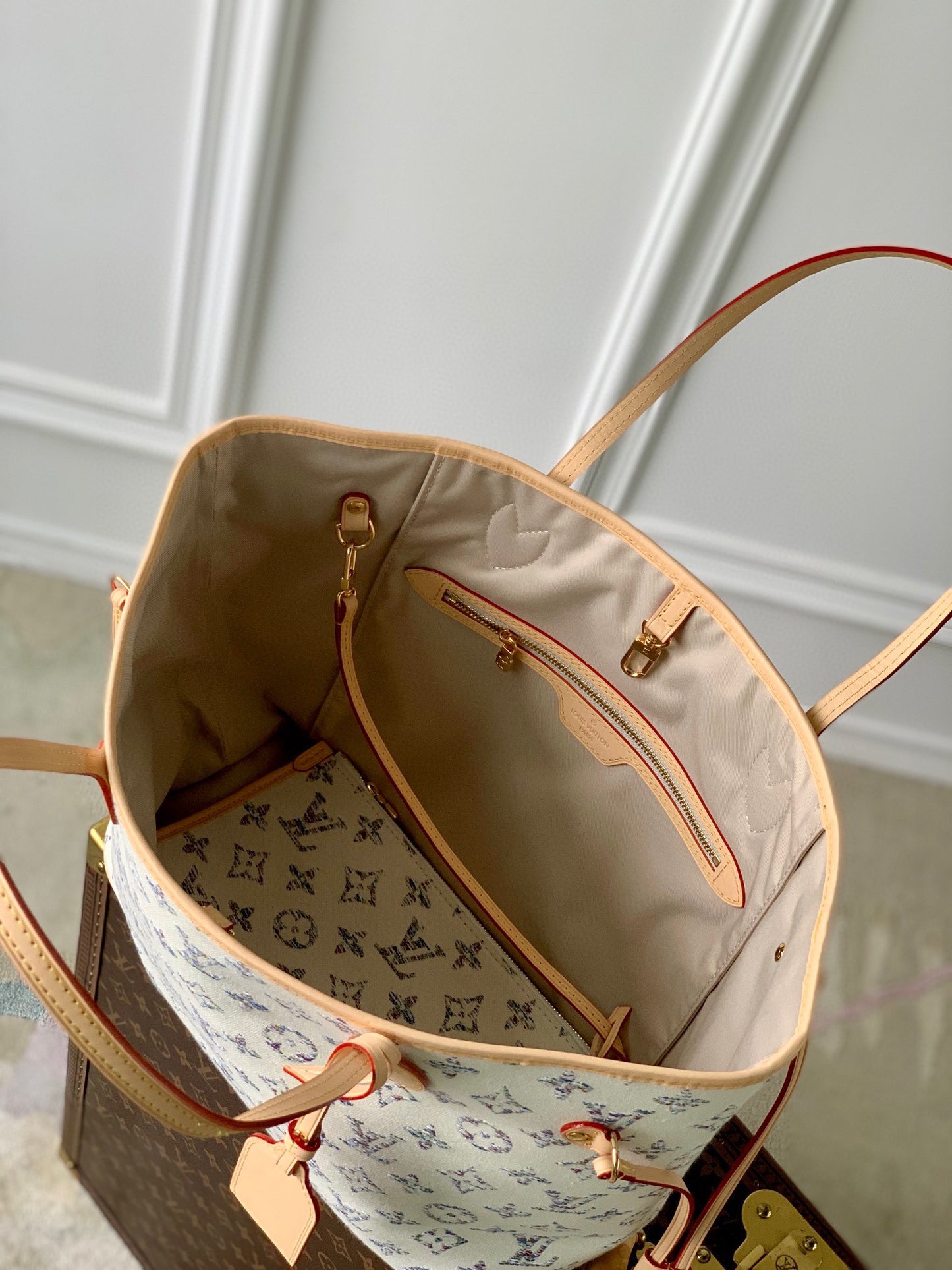 Louis Vuitton Cream Monogram Canvas Shoulder Tote Bag with Leather Straps
