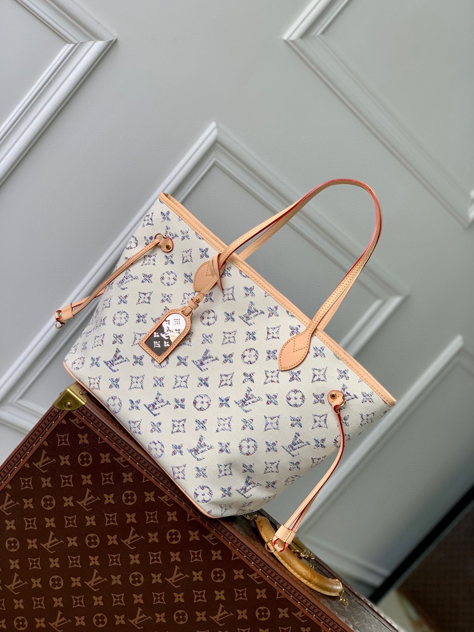 Louis Vuitton Cream Monogram Canvas Shoulder Tote Bag with Leather Straps
