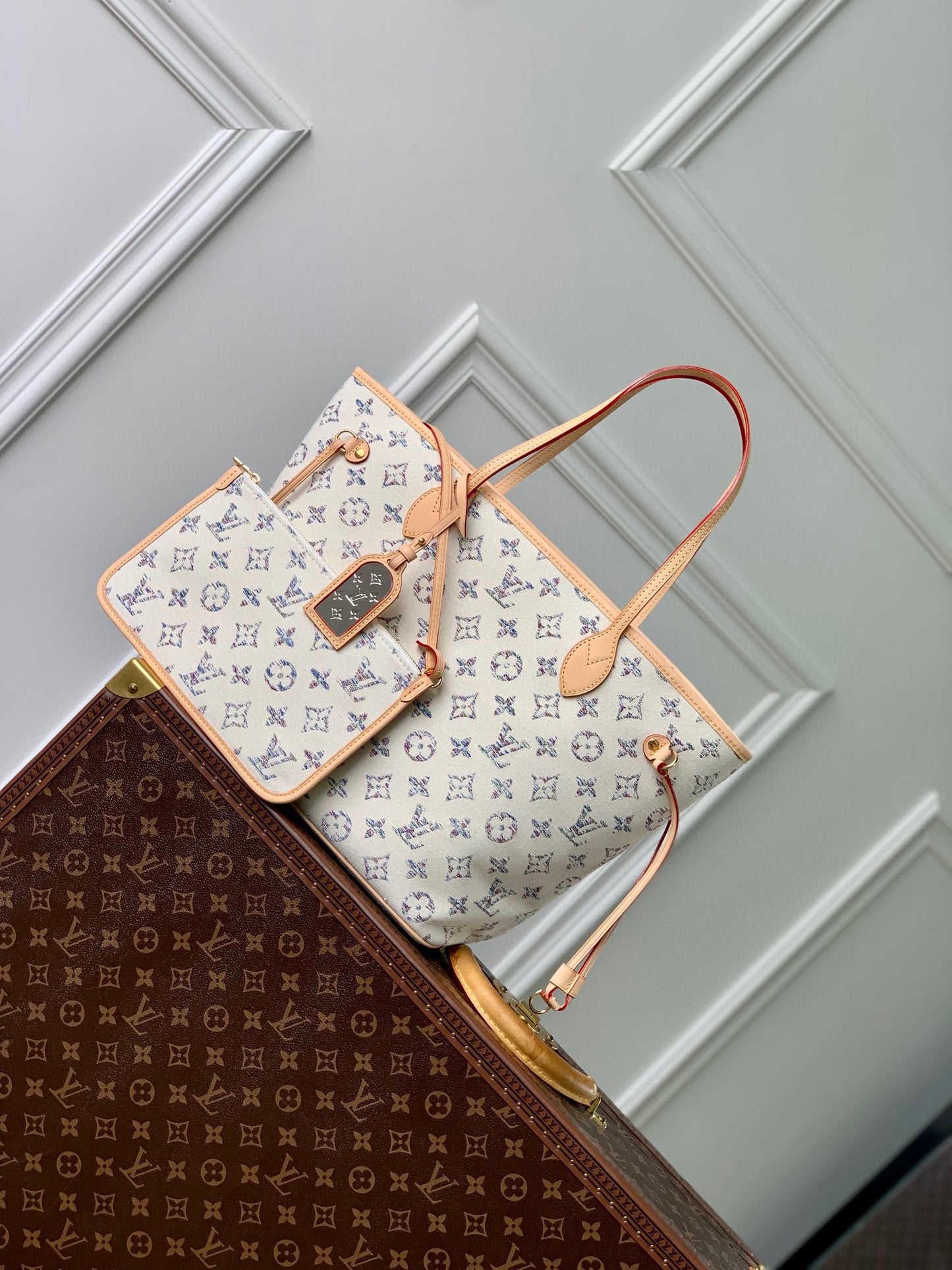 Louis Vuitton Cream Monogram Canvas Shoulder Tote Bag with Leather Straps