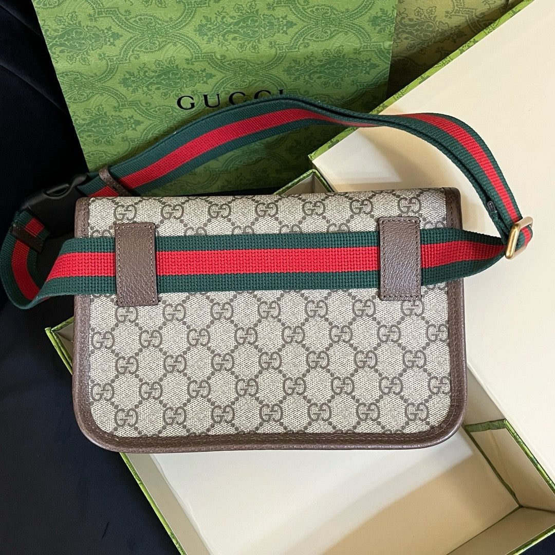 Gucci Vintage Monogram Canvas Belt Bag with Striped Webbing Strap