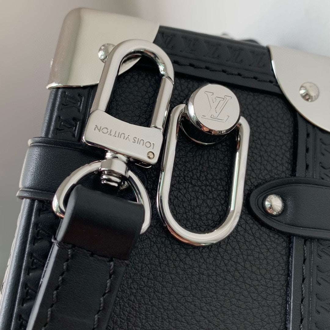 Louis Vuitton Black Leather Trunk Shoulder Bag with Silver Metal Corners