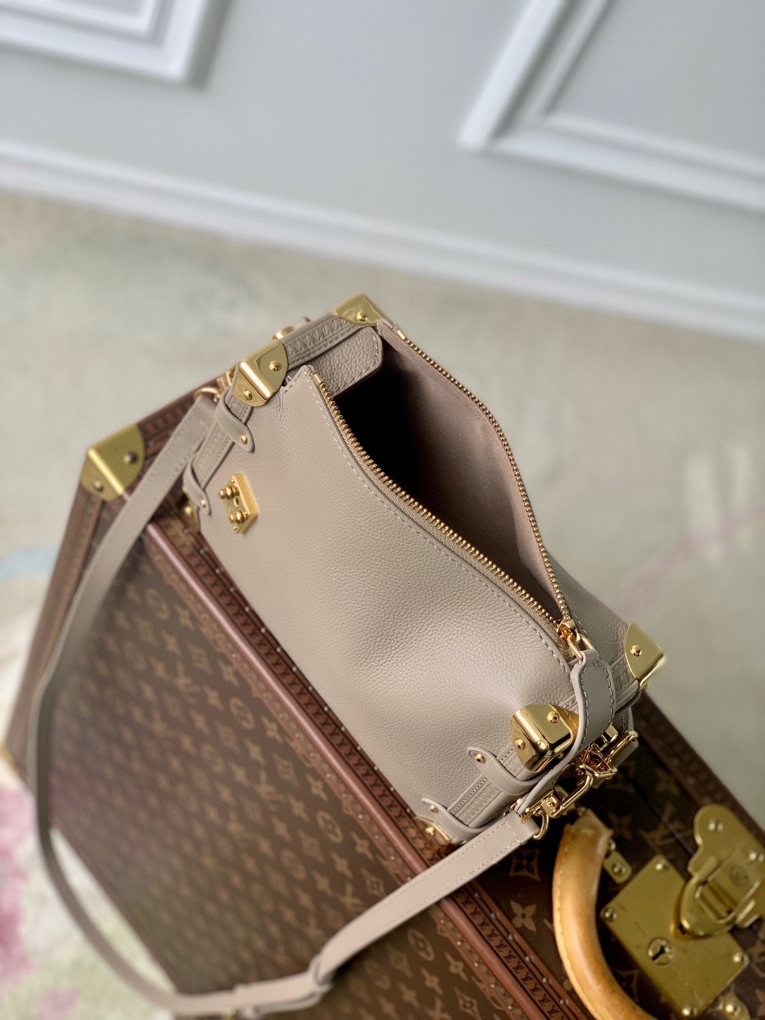 Louis Vuitton Structured Light Pink Leather Trunk Crossbody Bag with Gold Accents