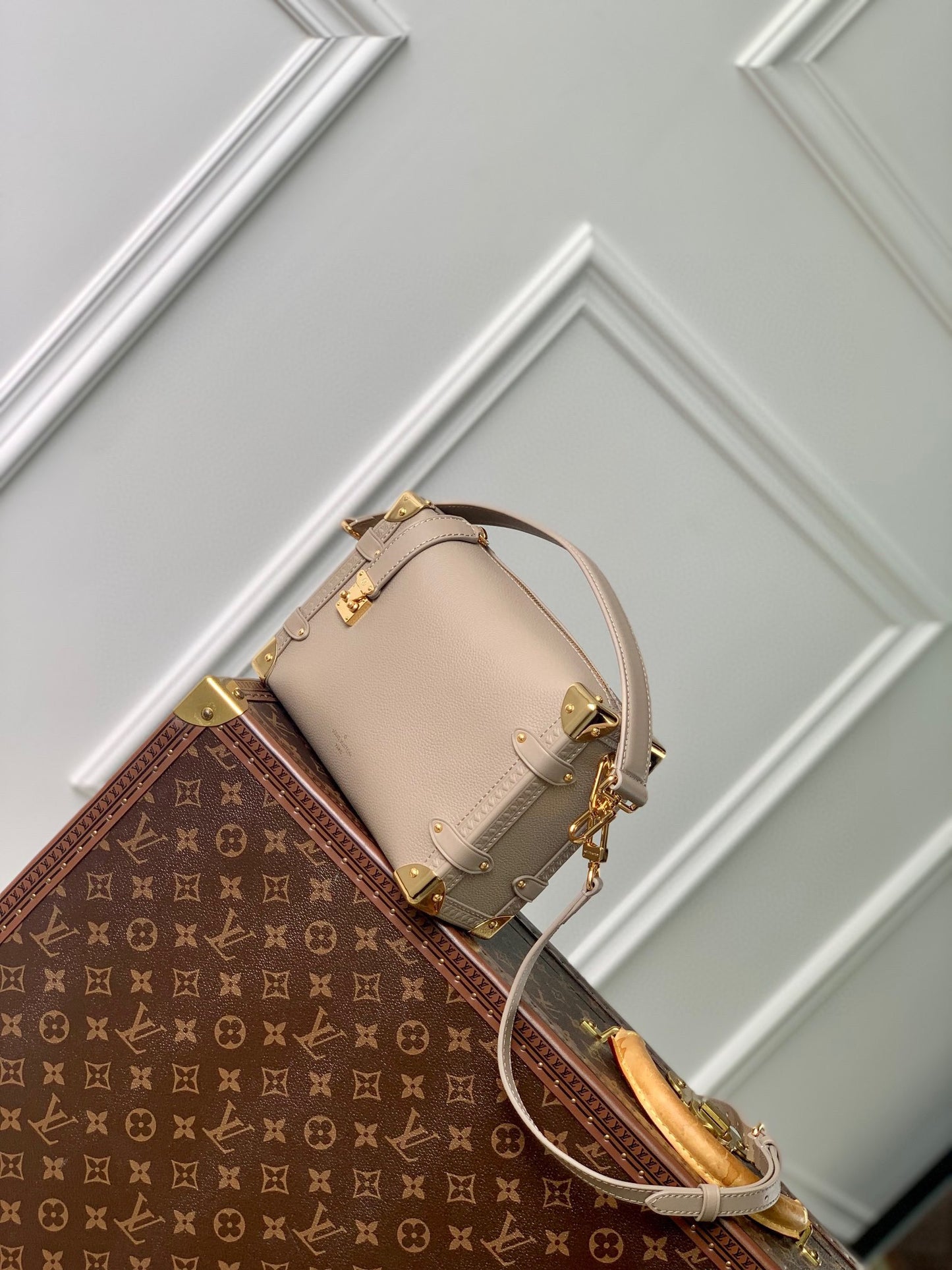 Louis Vuitton Structured Light Pink Leather Trunk Crossbody Bag with Gold Accents