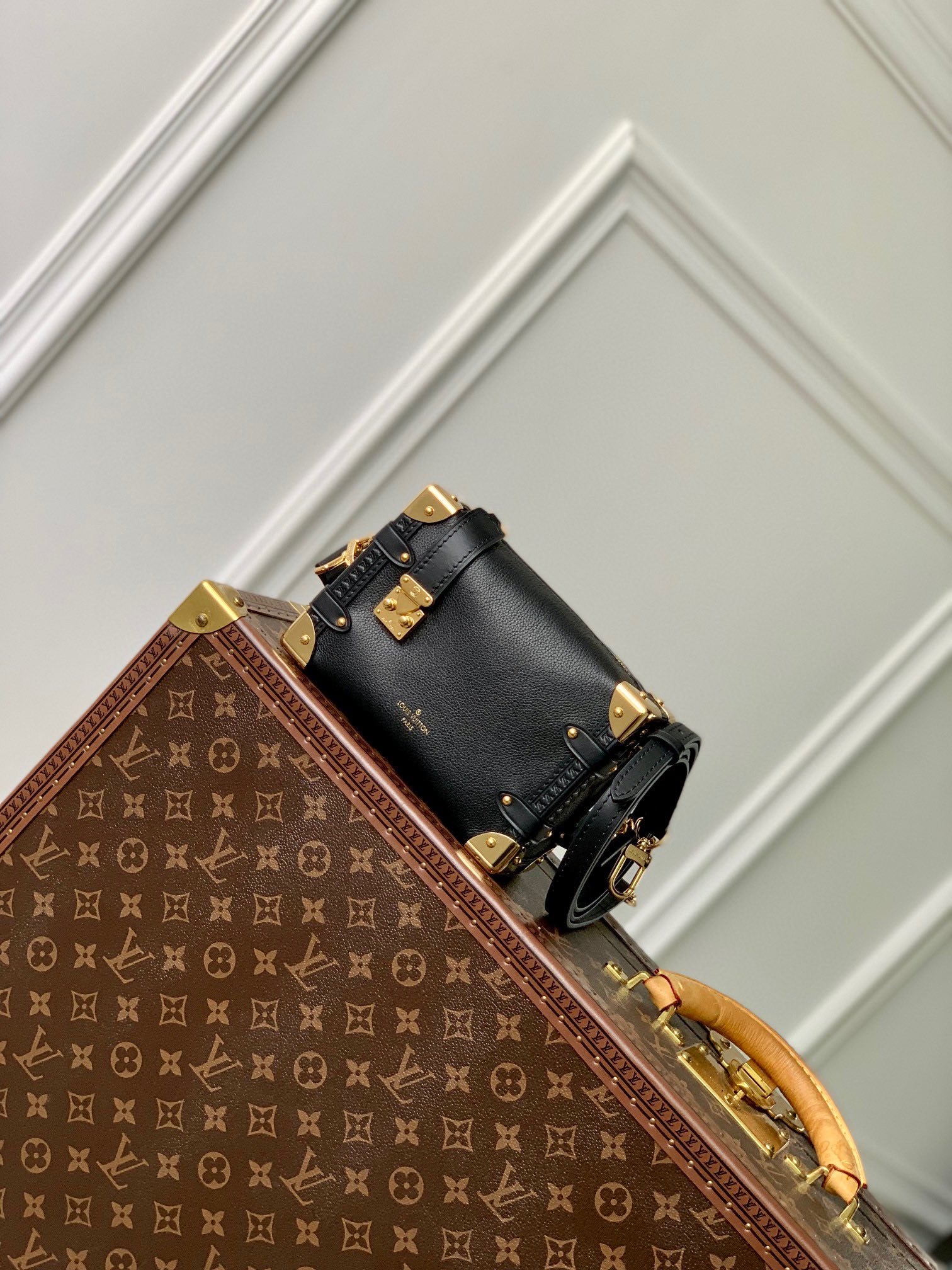 Louis Vuitton Black Leather Mini Trunk Shoulder Bag with Gold Hardware