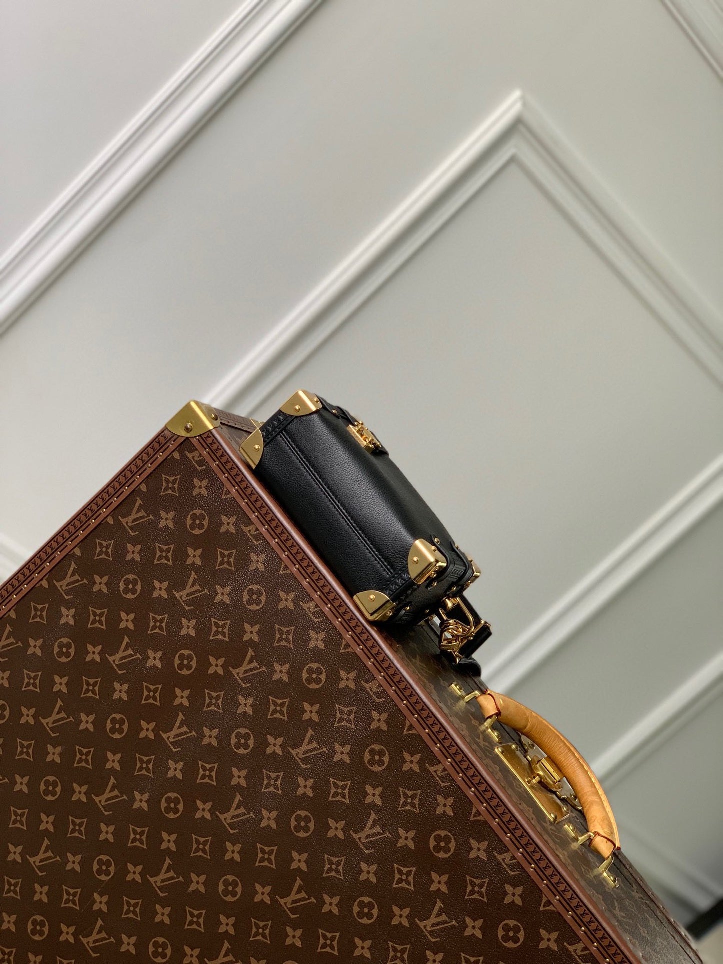 Louis Vuitton Black Leather Mini Trunk Shoulder Bag with Gold Hardware
