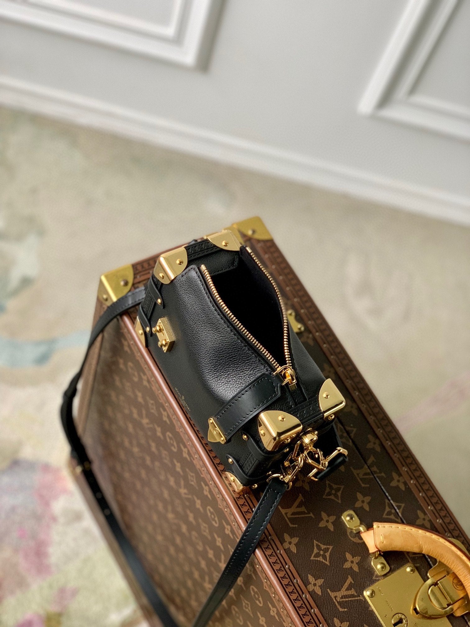 Louis Vuitton Black Leather Mini Trunk Shoulder Bag with Gold Hardware