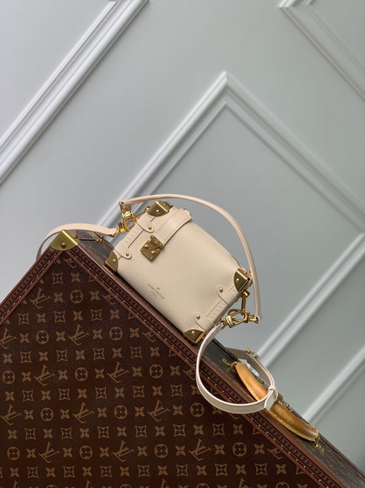 Louis Vuitton Cream Leather Mini Trunk Crossbody Bag with Gold Hardware