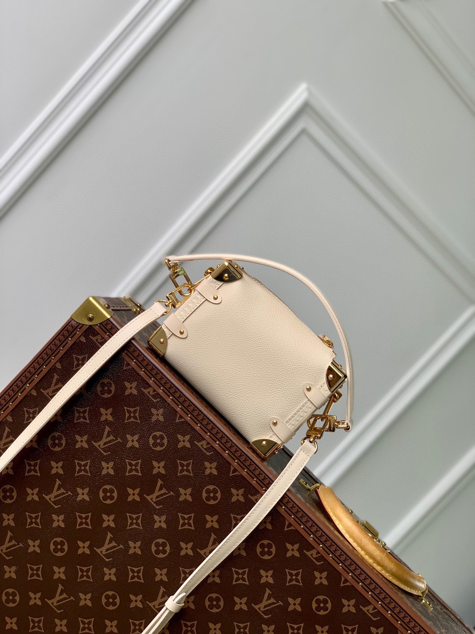 Louis Vuitton Cream Leather Mini Trunk Crossbody Bag with Gold Hardware