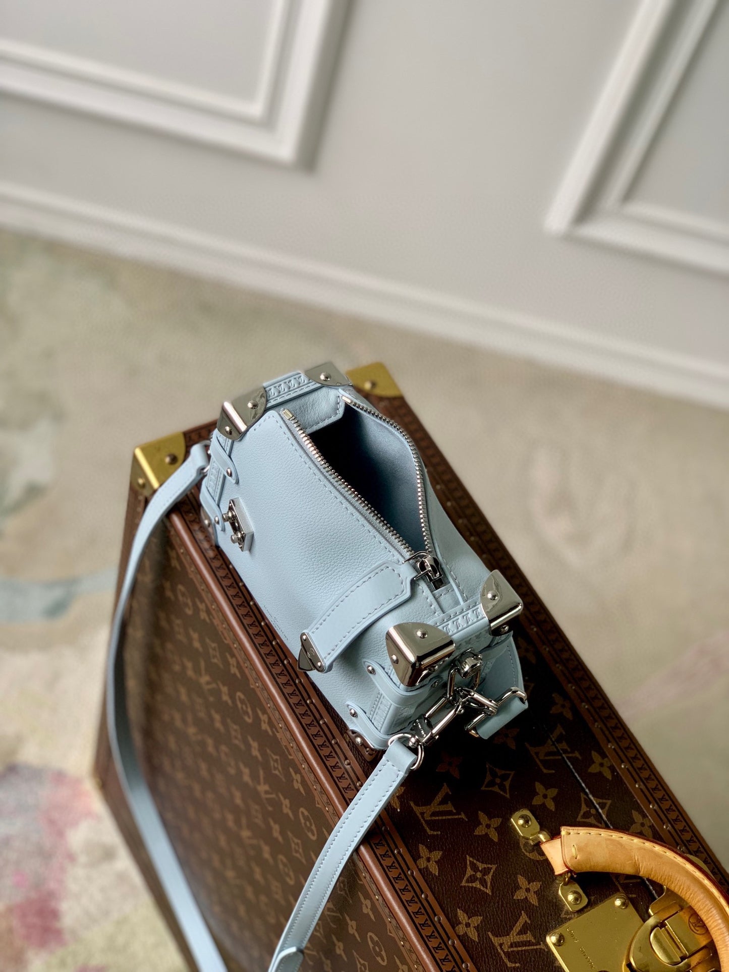 Louis Vuitton Pastel Blue Leather Mini Trunk Crossbody Bag with Silver Hardware
