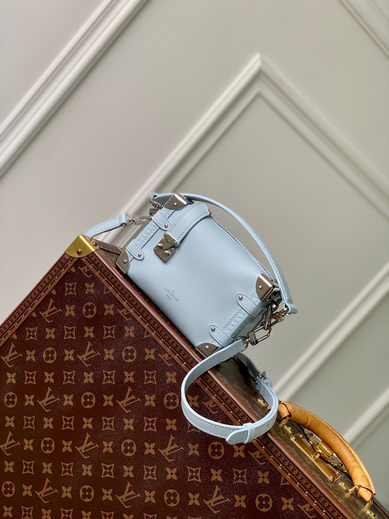 Louis Vuitton Pastel Blue Leather Mini Trunk Crossbody Bag with Silver Hardware