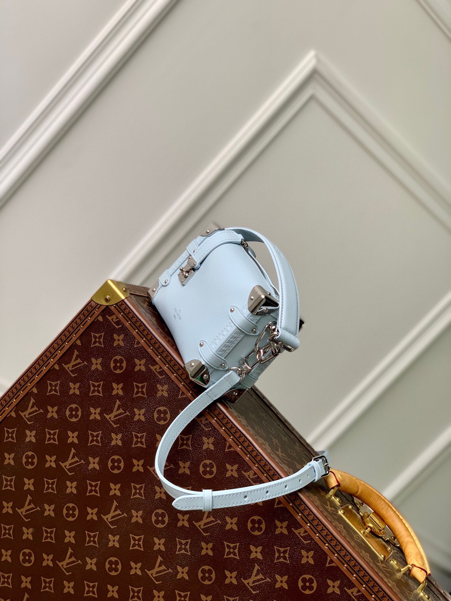 Louis Vuitton Pastel Blue Leather Mini Trunk Crossbody Bag with Silver Hardware