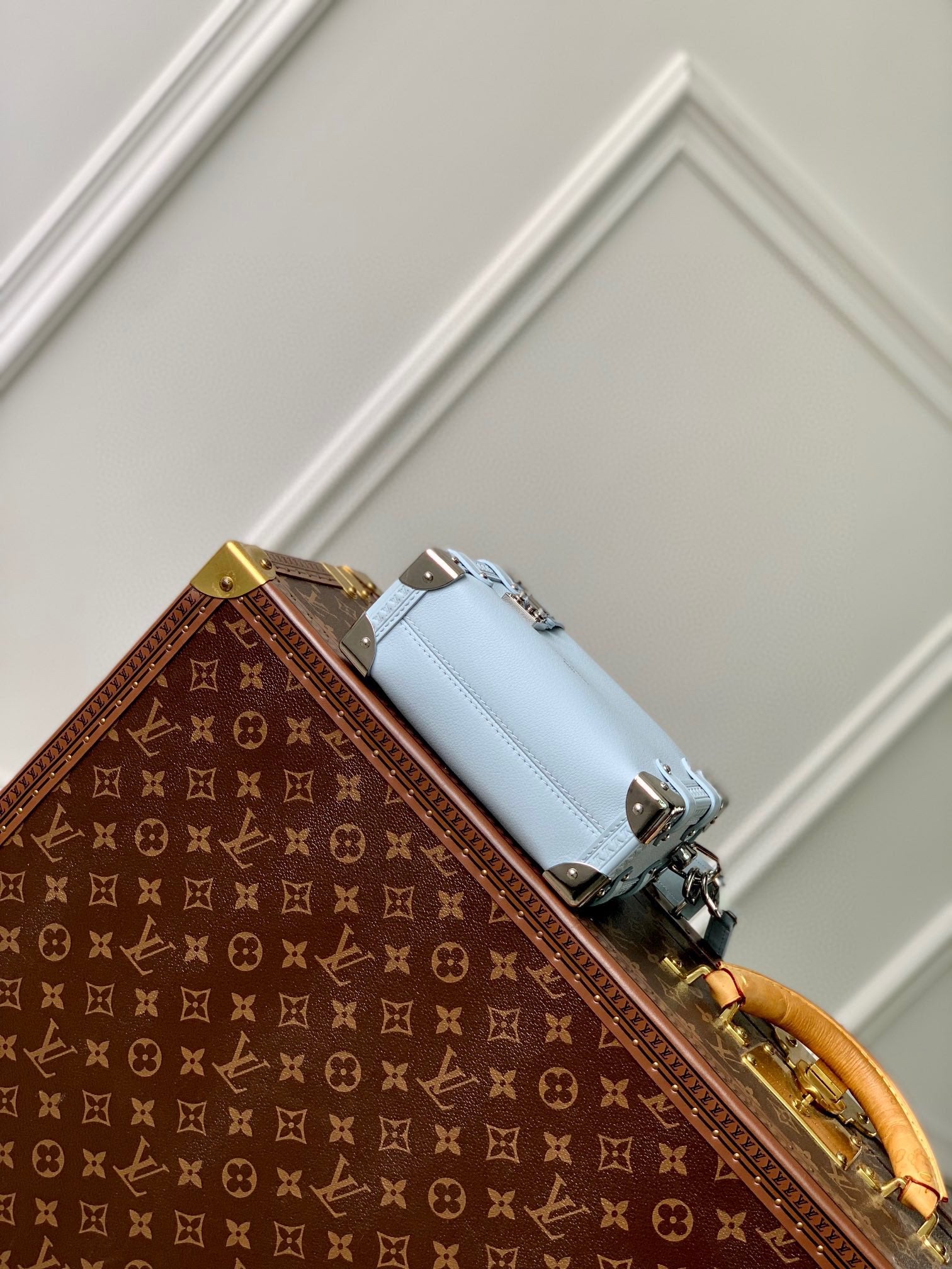 Louis Vuitton Pastel Blue Leather Mini Trunk Crossbody Bag with Silver Hardware