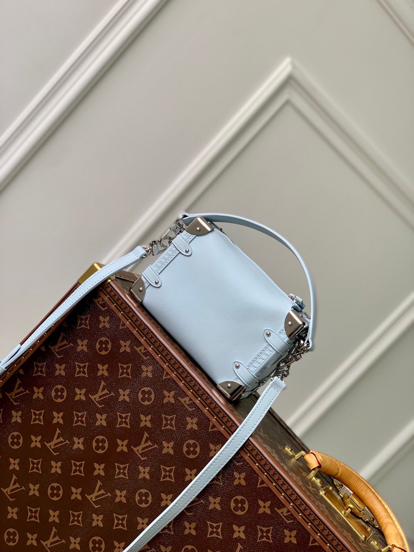 Louis Vuitton Pastel Blue Leather Mini Trunk Crossbody Bag with Silver Hardware