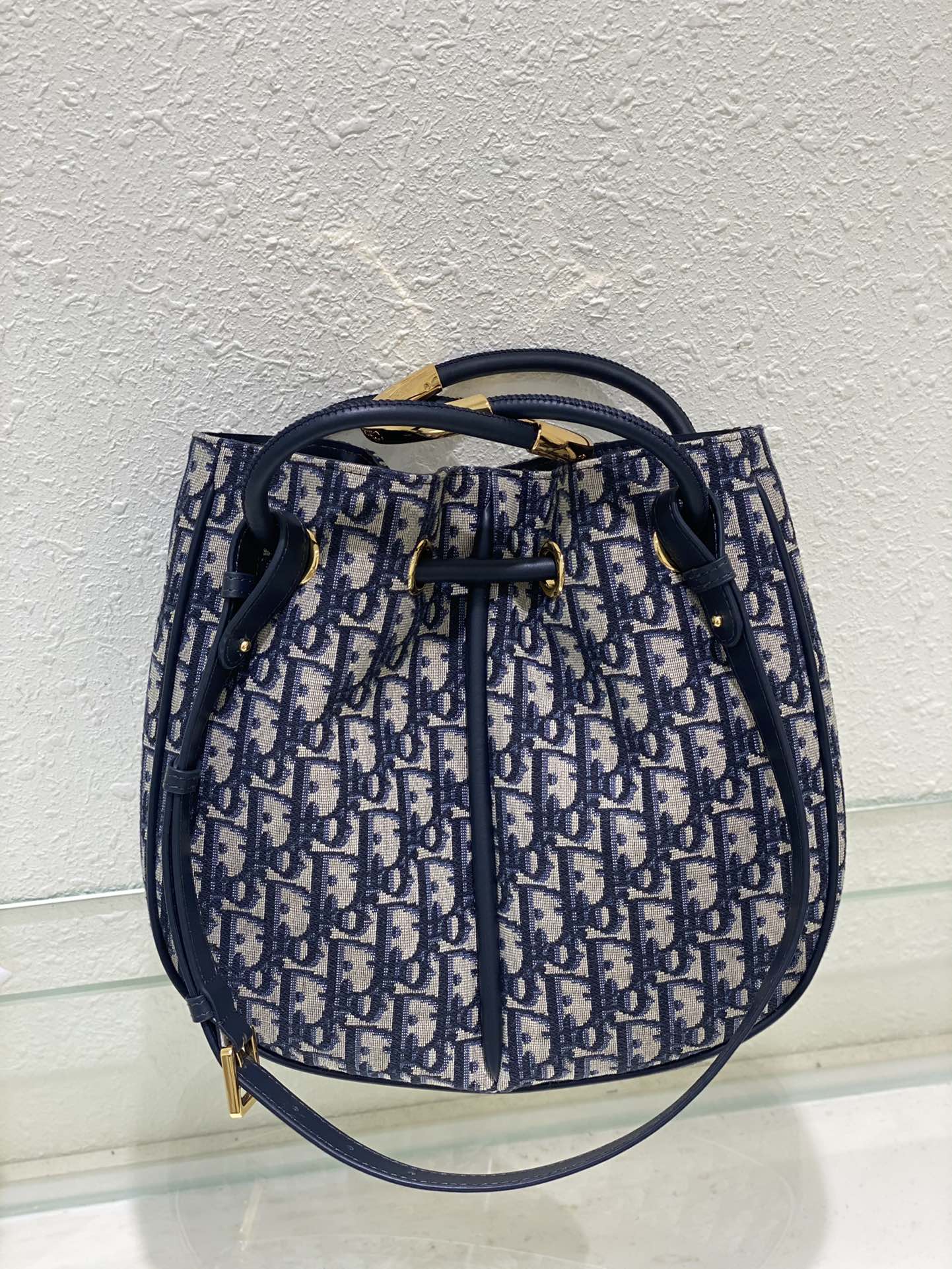 Dior Navy Blue Monogram Jacquard Bucket Bag with Top Handles