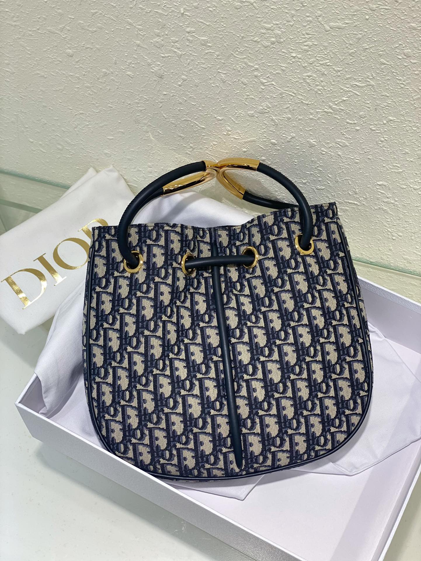 Dior Navy Blue Monogram Jacquard Bucket Bag with Top Handles