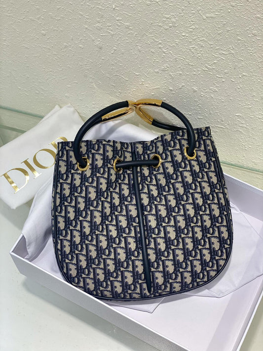 Dior Navy Blue Monogram Jacquard Bucket Bag with Top Handles