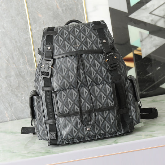 Dior Grey Geometric Diamond Pattern Multi-Pocket Travel Backpack