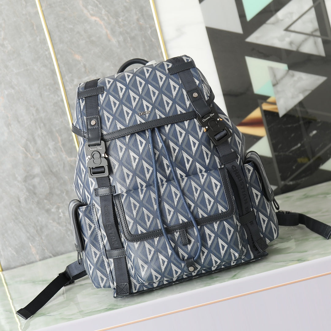 Dior Blue Geometric Pattern Canvas Travel Backpack with Buckle Straps