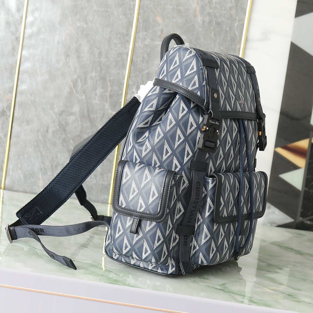 Dior Blue Geometric Pattern Canvas Travel Backpack with Buckle Straps