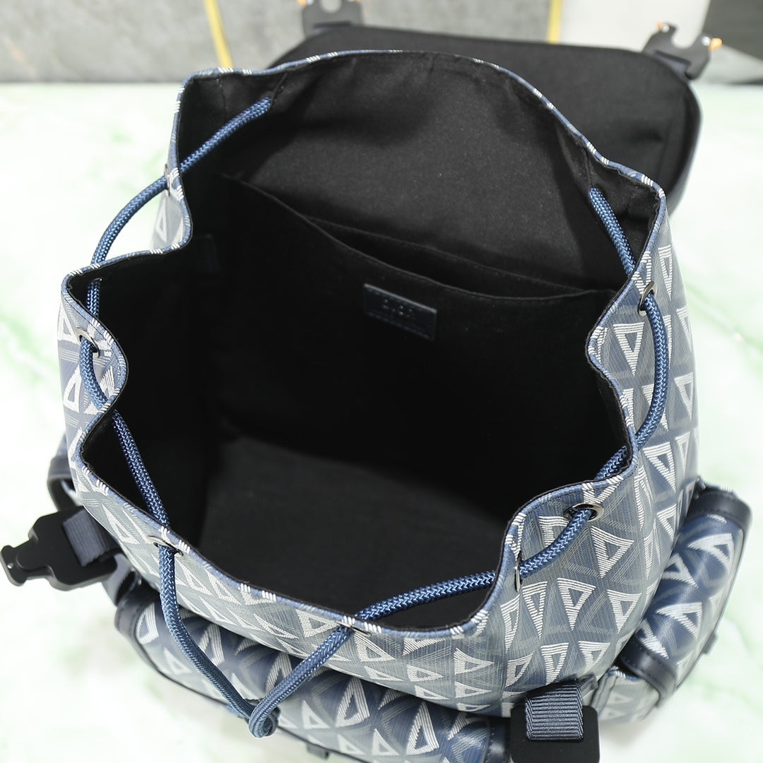 Dior Blue Geometric Pattern Canvas Travel Backpack with Buckle Straps