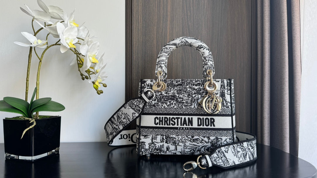 Dior Elegant Black and White Embroidered Canvas Top-Handle Handbag