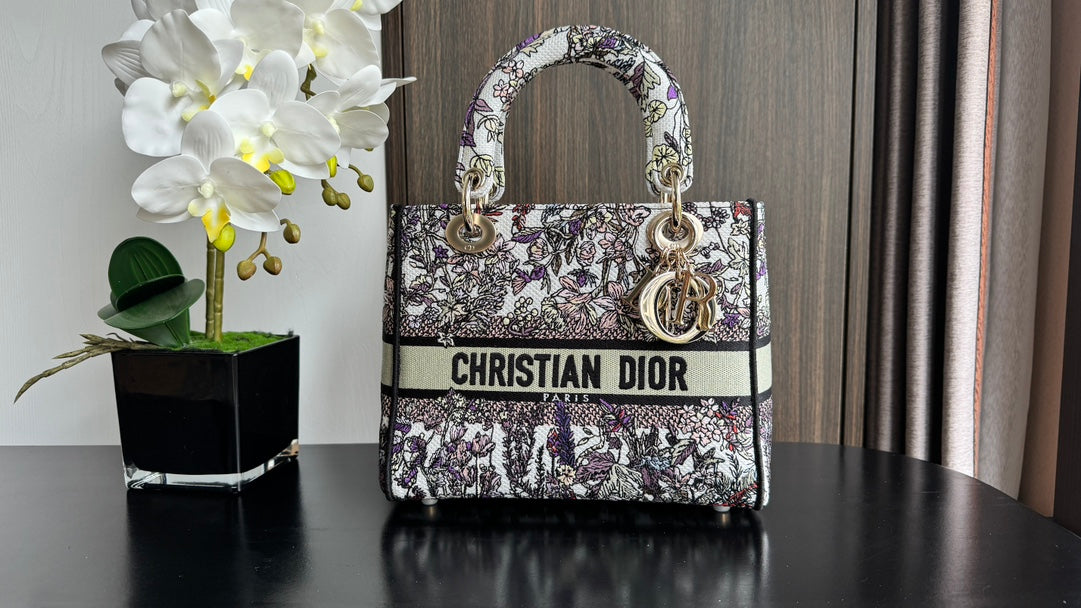 Dior Elegant Embroidered Floral Tapestry Handbag with Shoulder Strap