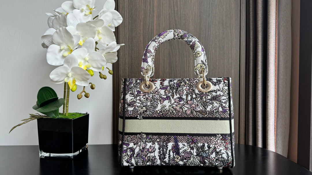 Dior Elegant Embroidered Floral Tapestry Handbag with Shoulder Strap