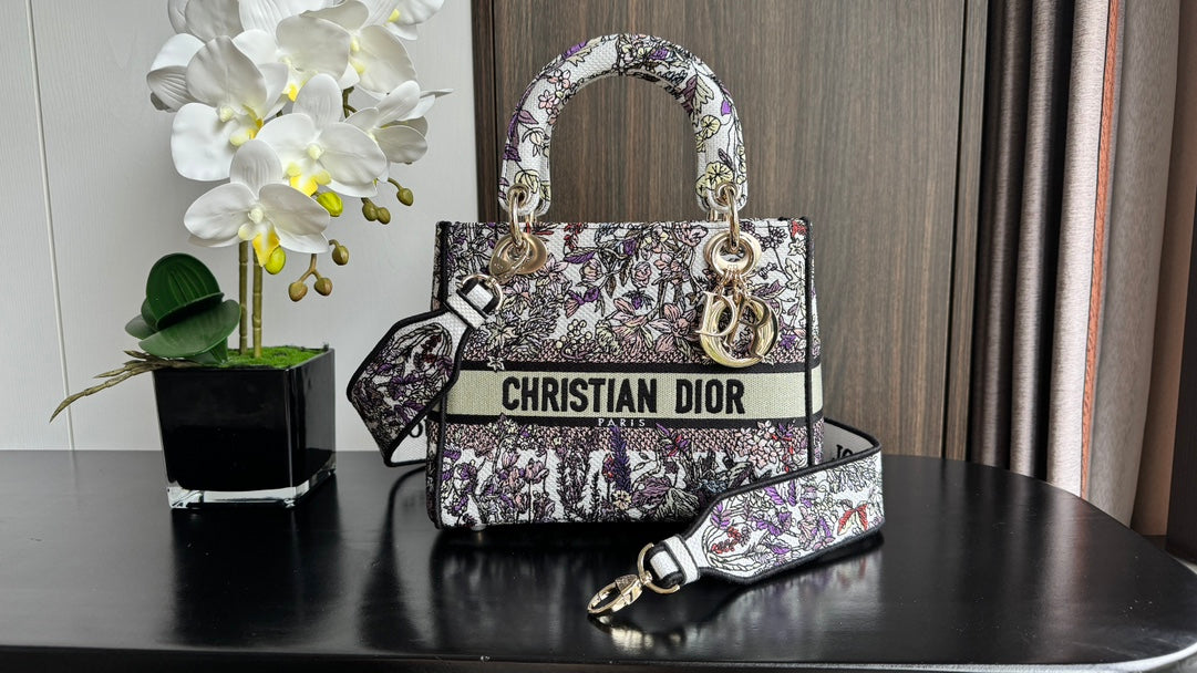 Dior Elegant Embroidered Floral Tapestry Handbag with Shoulder Strap
