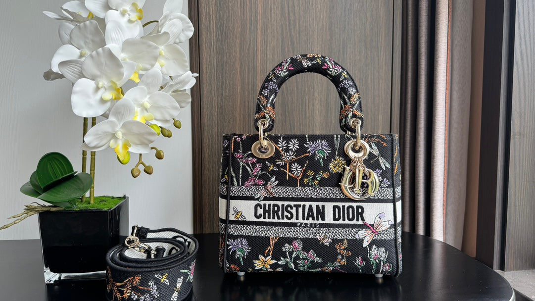 Dior Elegant Black Floral Canvas Top Handle Bag with Shoulder Strap