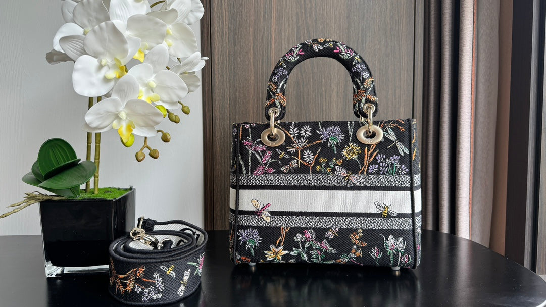 Dior Elegant Black Floral Canvas Top Handle Bag with Shoulder Strap