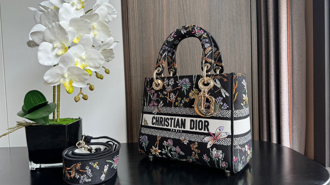 Dior Elegant Black Floral Canvas Top Handle Bag with Shoulder Strap