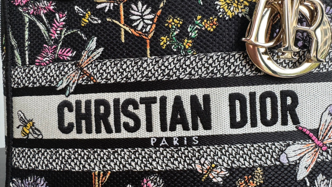 Dior Elegant Black Floral Canvas Top Handle Bag with Shoulder Strap