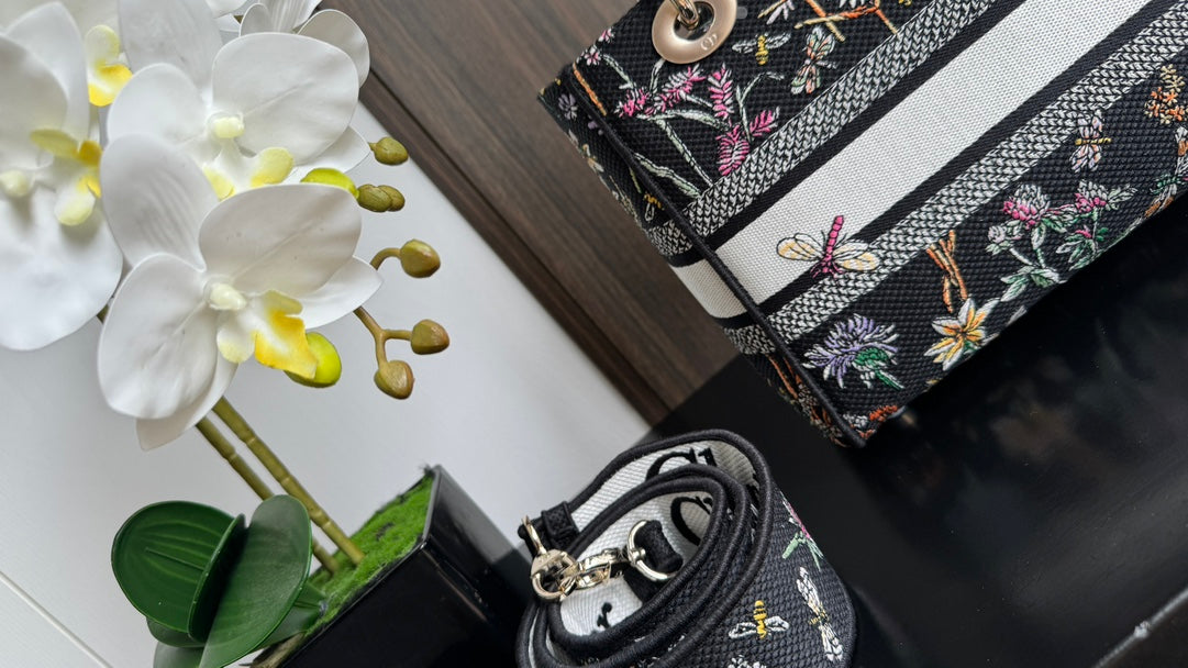Dior Elegant Black Floral Canvas Top Handle Bag with Shoulder Strap