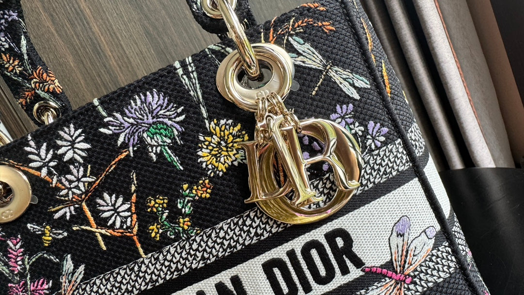 Dior Elegant Black Floral Canvas Top Handle Bag with Shoulder Strap
