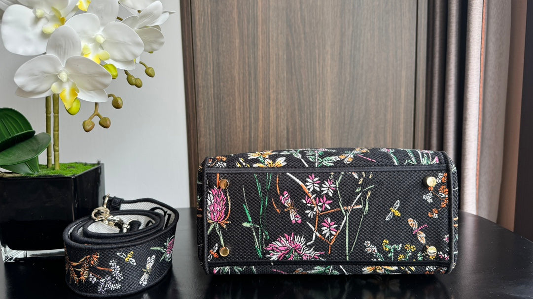 Dior Elegant Black Floral Canvas Top Handle Bag with Shoulder Strap