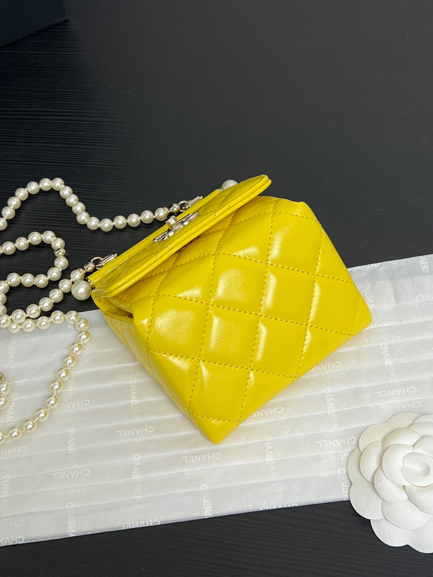 Chanel Yellow Quilted Leather Mini Flap Bag with Pearl Chain Strap