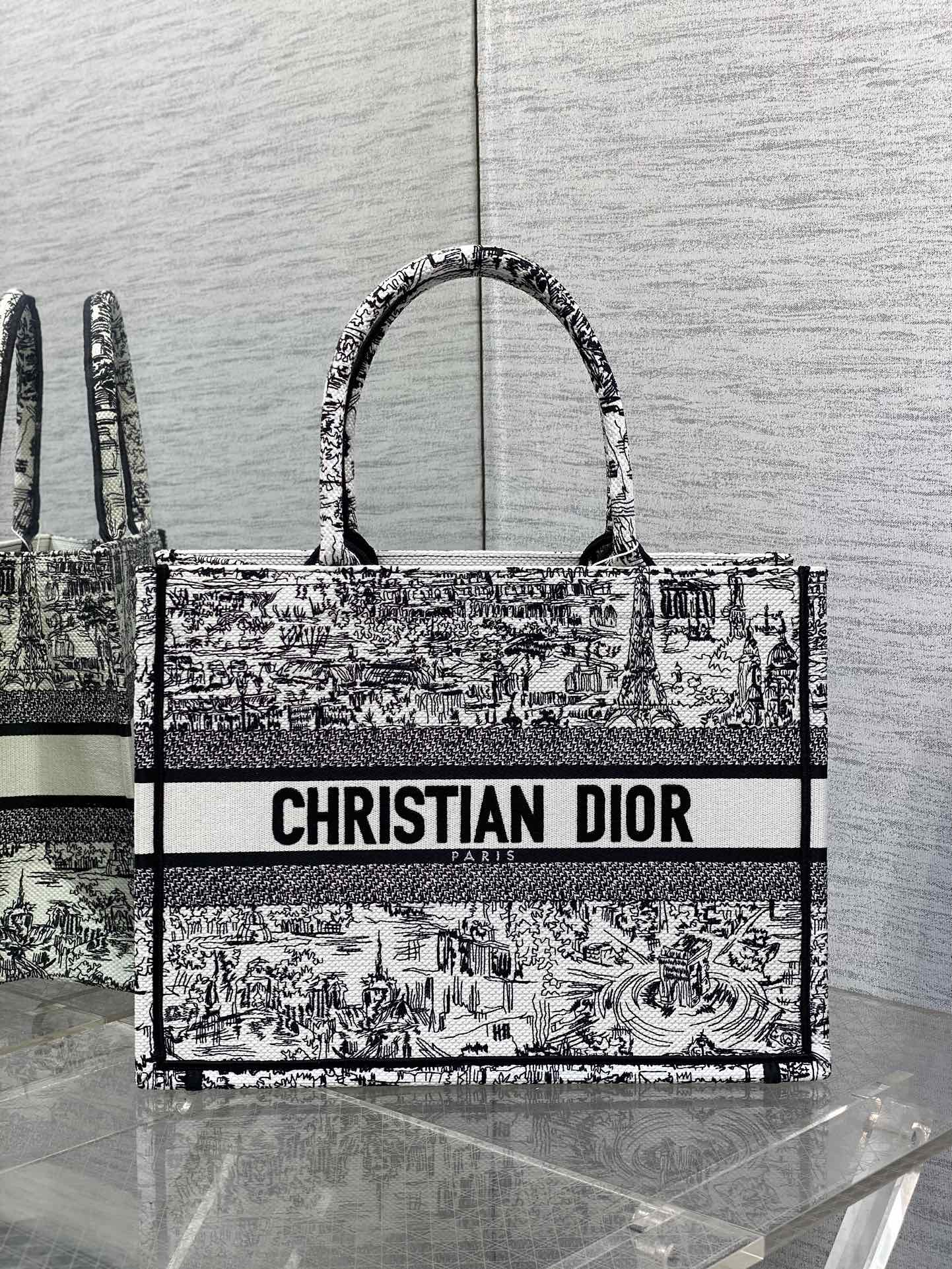 Dior Elegant Black and White Sketch Print Large Canvas Tote Bag