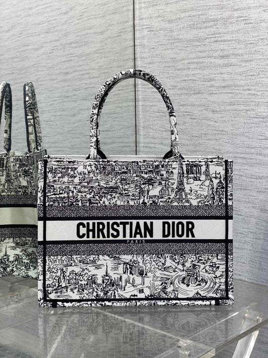 Dior Elegant Black and White Sketch Print Large Canvas Tote Bag