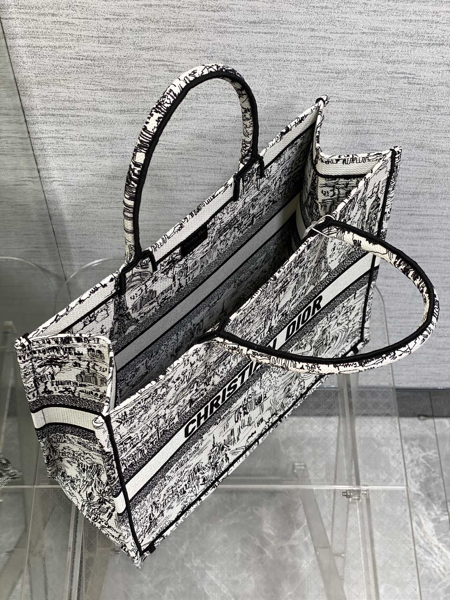 Dior Black and White Paris Sketch Embroidered Canvas Tote Bag