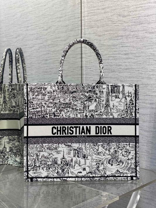 Christian Dior Large Book Tote White and Black Plan de Paris Embroidery Canvas