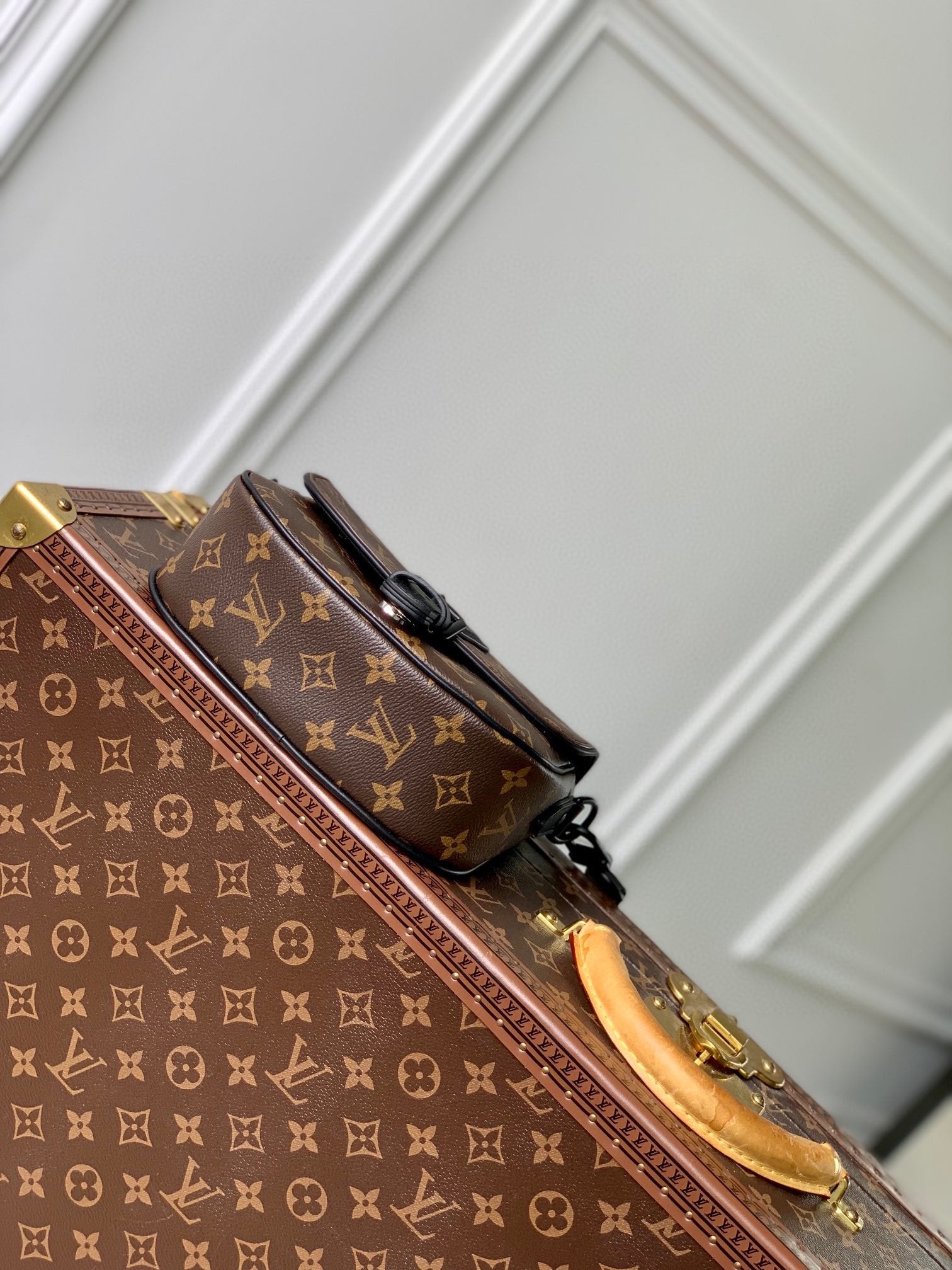 Louis Vuitton Monogram Canvas Crossbody Bag with Black Leather Trim & Hardware