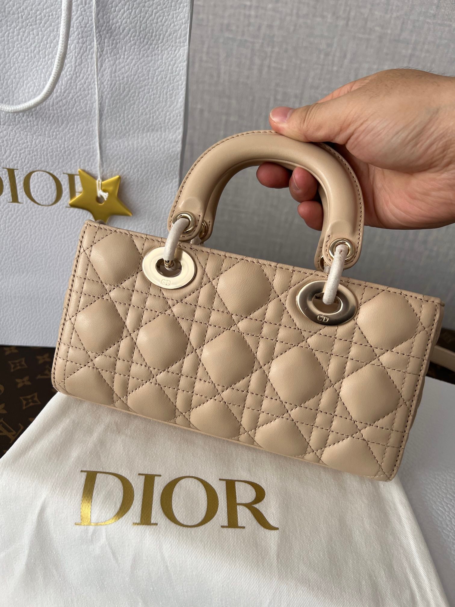Dior Beige Quilted Leather Rectangular Top Handle Handbag with Strap