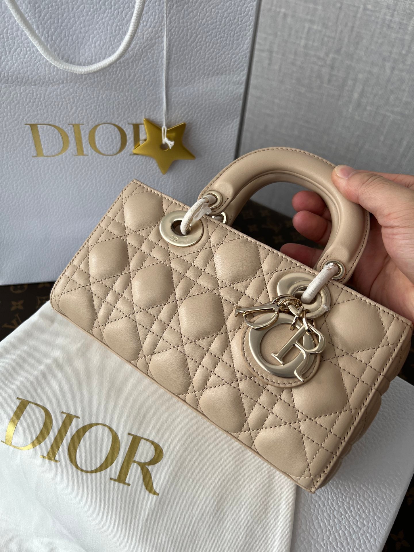 Dior Beige Quilted Leather Rectangular Top Handle Handbag with Strap