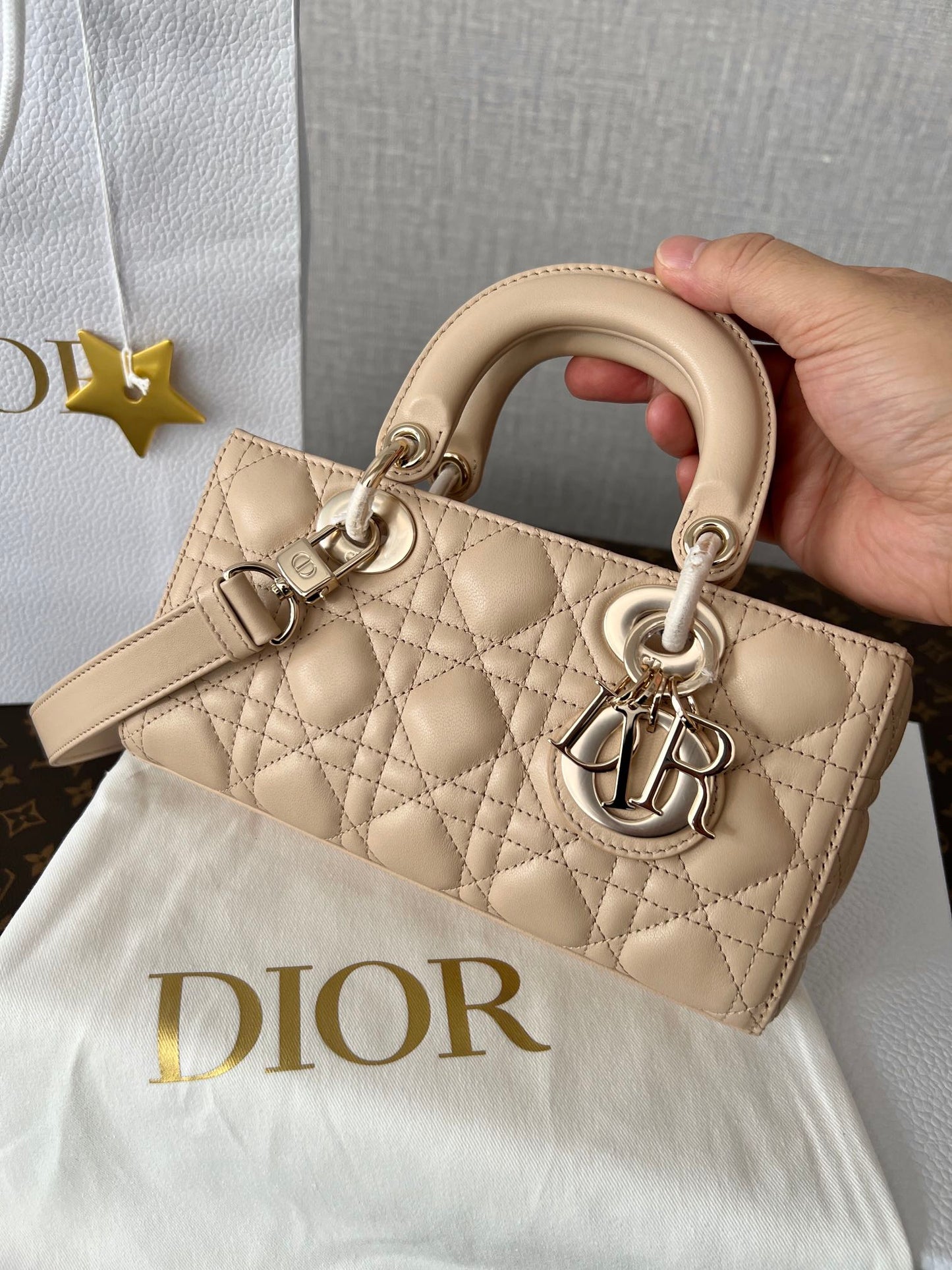 Dior Beige Quilted Leather Rectangular Top Handle Handbag with Strap