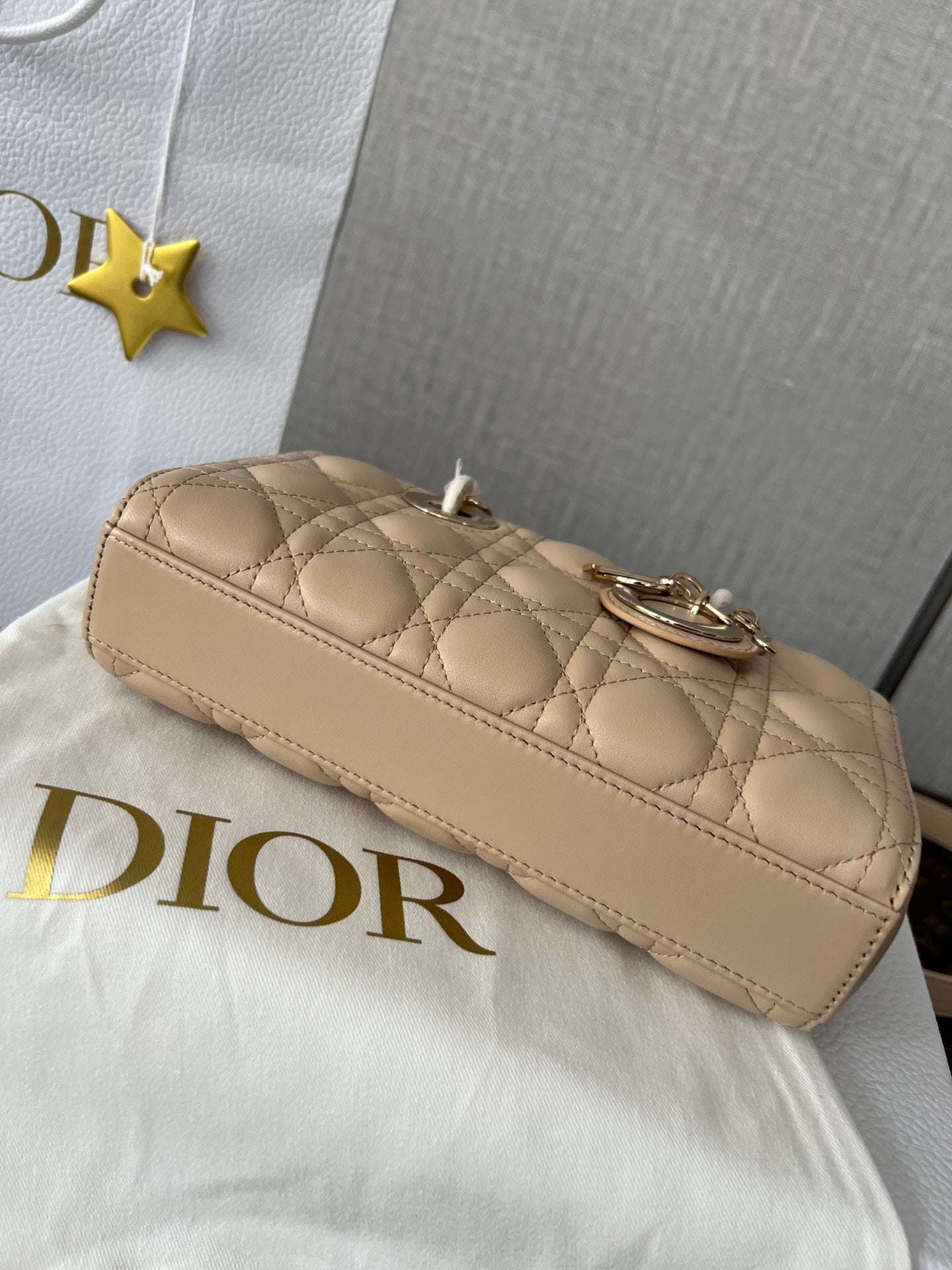 Dior Beige Quilted Leather Rectangular Top Handle Handbag with Strap