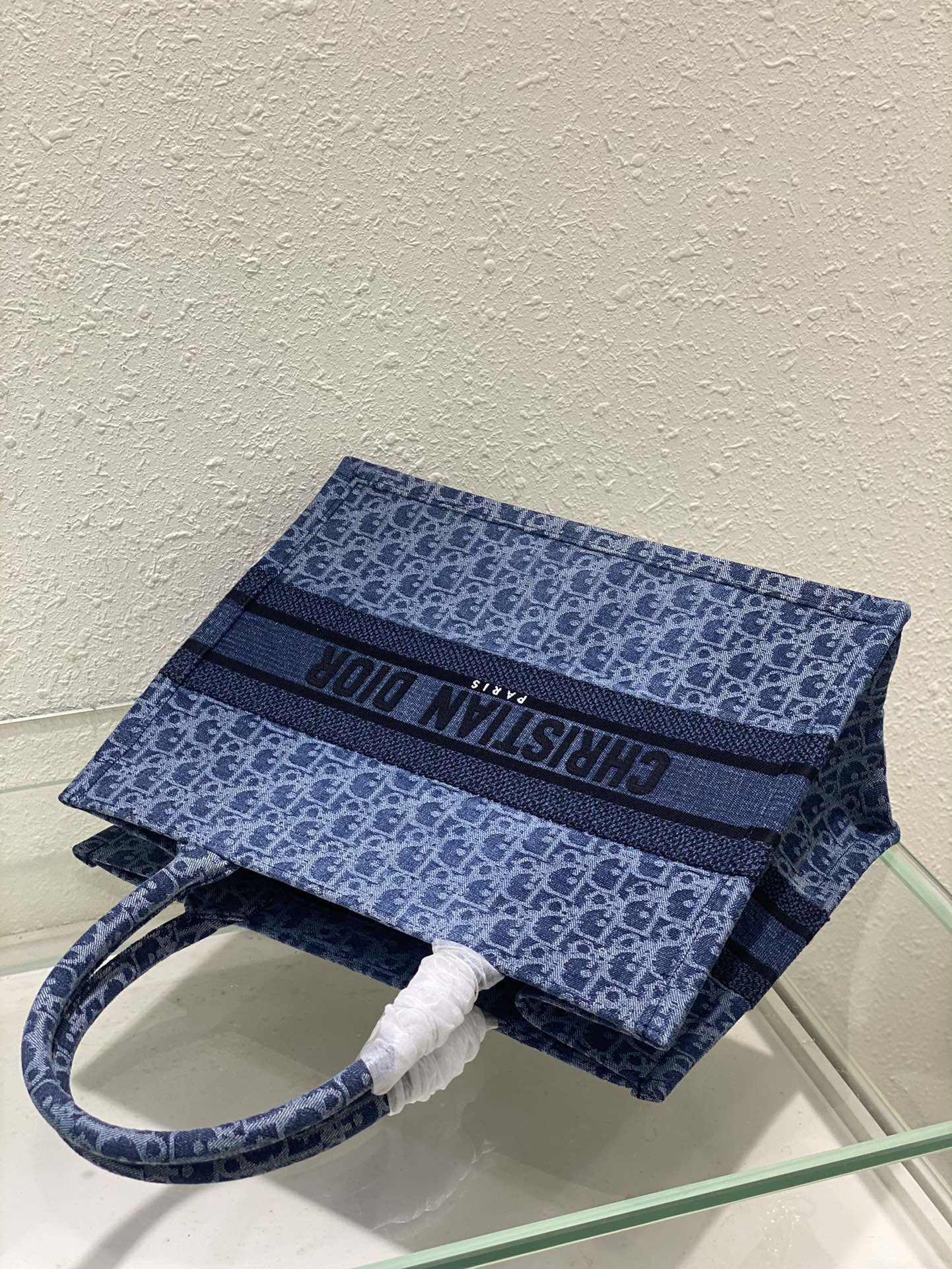 Dior Blue Monogram Embroidered Canvas Tote Bag with Top Handles