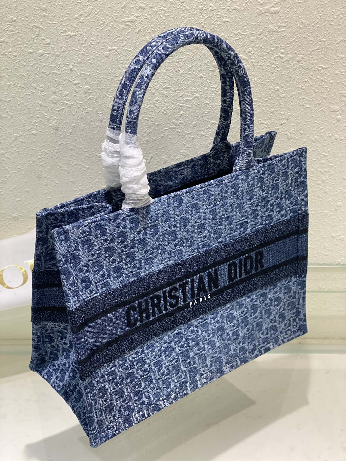 Dior Blue Monogram Embroidered Canvas Tote Bag with Top Handles