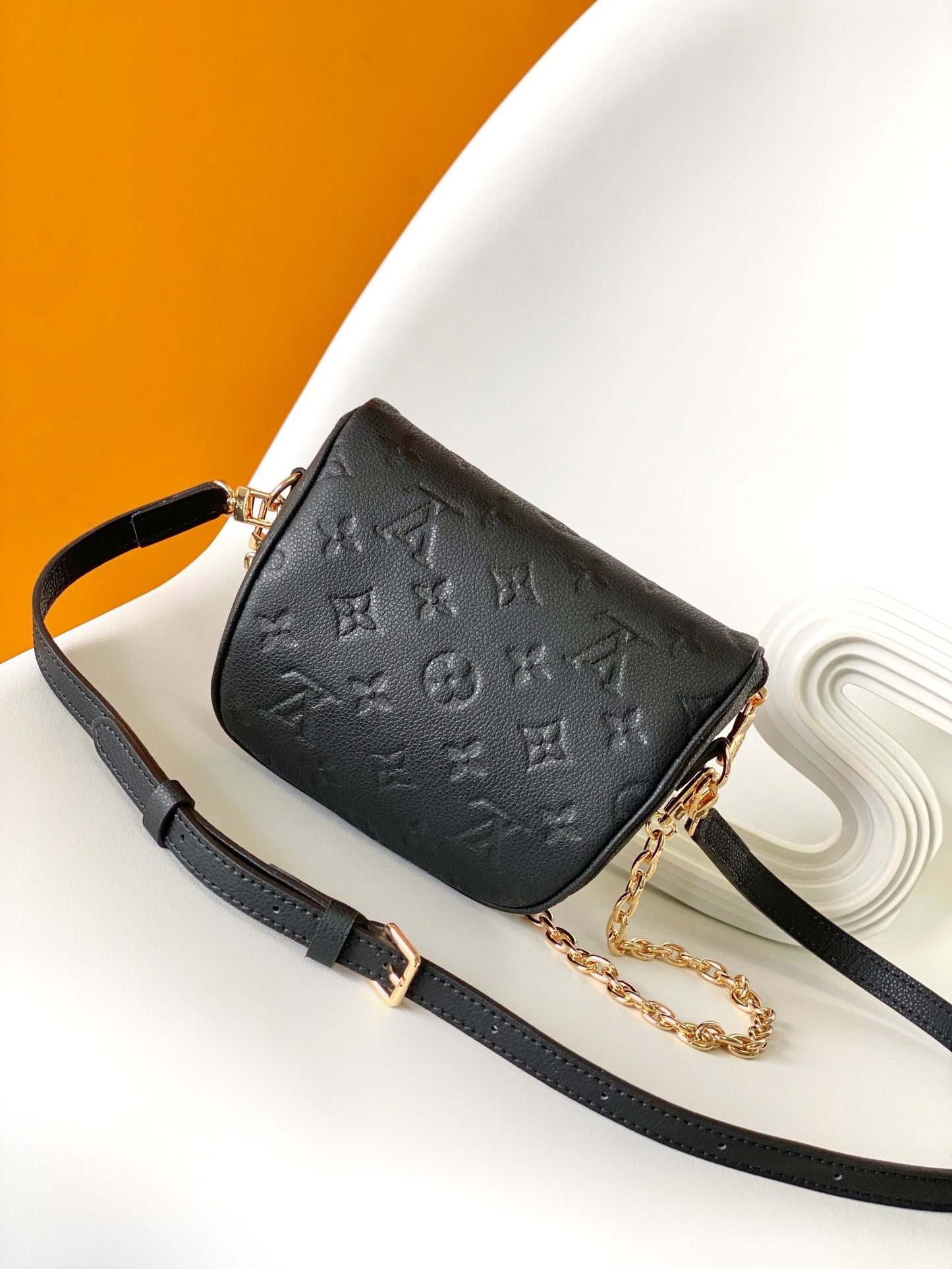 Louis Vuitton Black Embossed Leather Crossbody Belt Bag with Gold Chain